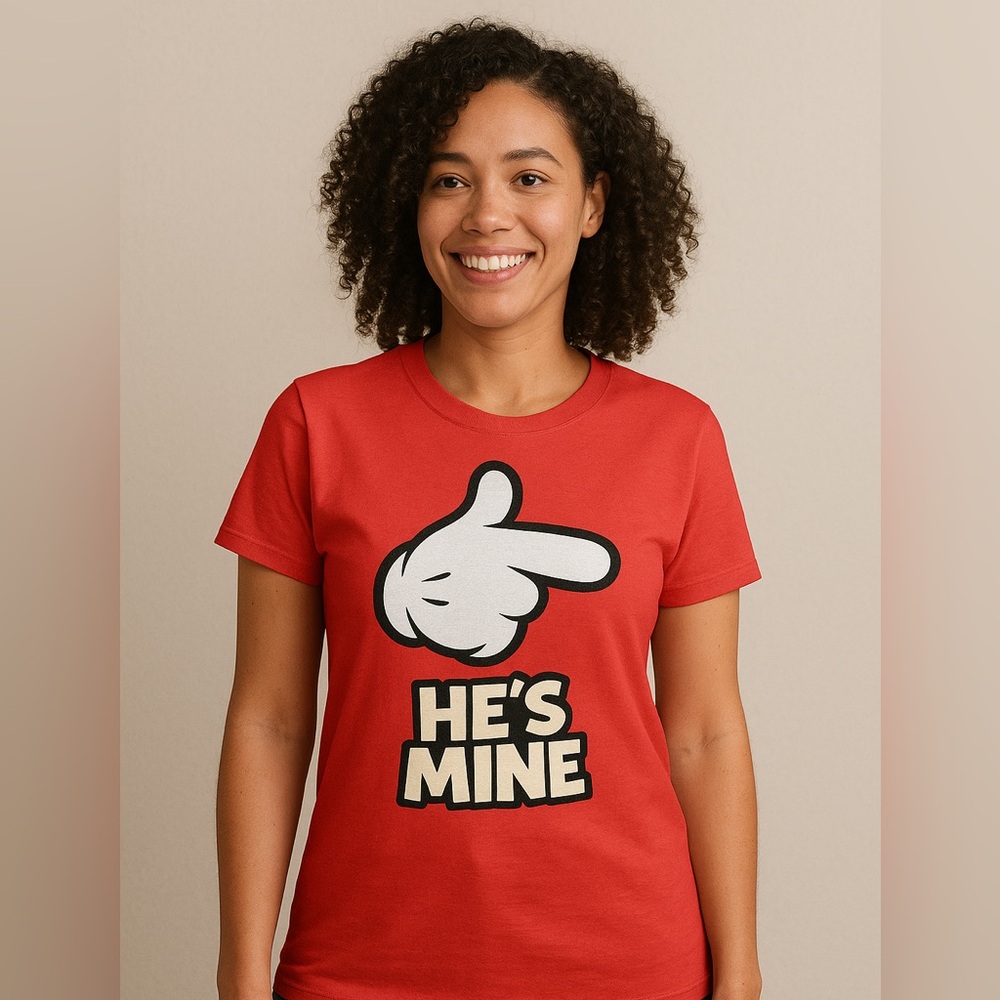 “He’s Mine” Red Graphic Couple T-Shirt – Fun Cartoon Hand Design Size S-3X